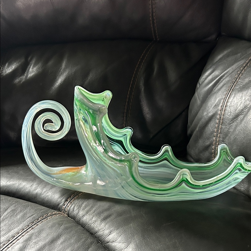 Handblown Green Wave Glass Centerpiece Bowl
